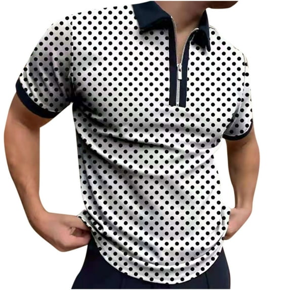 AHTJRT Men's Casual Polka Dot Print Dress Shirt Short Sleeve Zipper Blouse with Collar White L