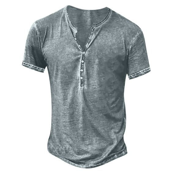 AHTJRT Men's Casual Retro Short Sleeve Henley Shirt with Distressed and Washed Look Gray M