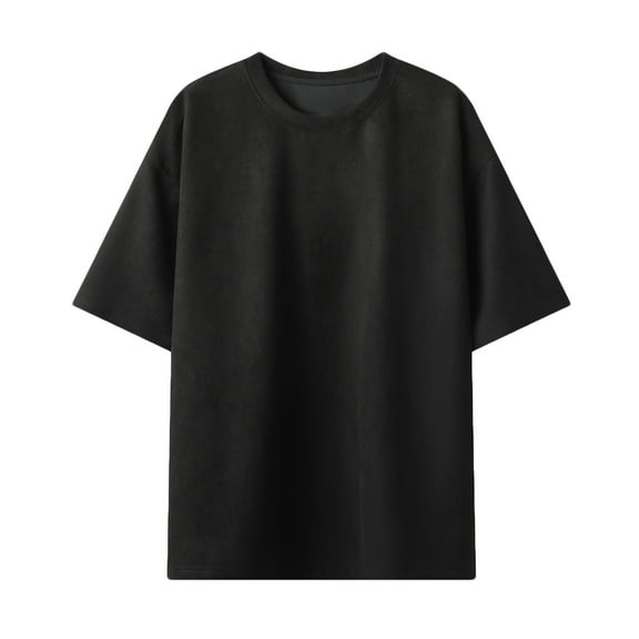 AHTJRT Men's Casual Round Neck Short Sleeve Suede T-Shirt with Drop Shoulder Design Black 2XL