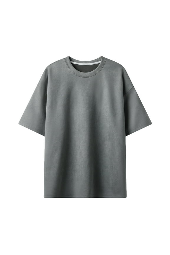 Men's Casual Round Neck Short Sleeve Suede T-Shirt with Drop Shoulder Design Dark Gray M