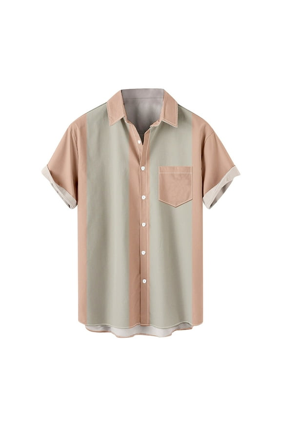 Men's Casual Short Sleeve Bowling Shirt with Button-Down Design Pink S