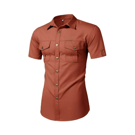 AHTJRT Men's Casual Short Sleeve Button Down Cargo Shirt Versatile Dual Chest Pockets Adjustable Sleeves Relaxed Outfits Blouse Orange L