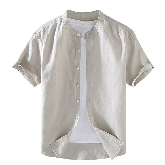 AHTJRT Men's Casual Short Sleeve Button Down Shirt Lightweight Breathable Classic Fit Mandarin Collar Tees Beige S