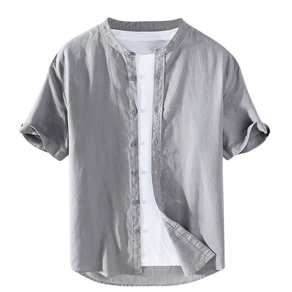 AHTJRT Men's Casual Short Sleeve Button Down Shirt Lightweight Breathable Classic Fit Mandarin Collar Tees Gray XL