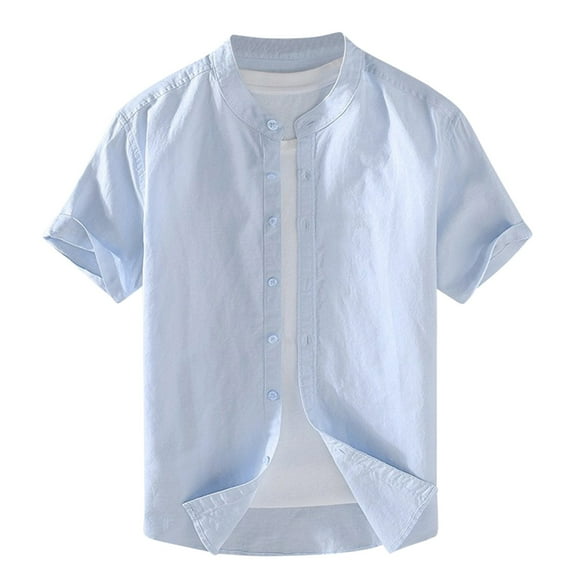 AHTJRT Men's Casual Short Sleeve Button Down Shirt Lightweight Breathable Classic Fit Mandarin Collar Tees Light Blue 3XL