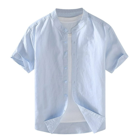 AHTJRT Men's Casual Short Sleeve Button Down Shirt Lightweight Breathable Classic Fit Mandarin Collar Tees Light Blue XL