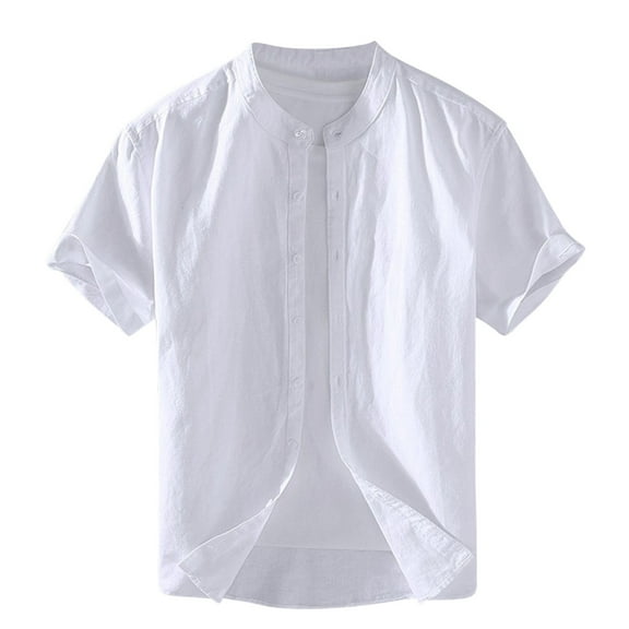 AHTJRT Men's Casual Short Sleeve Button Down Shirt Lightweight Breathable Classic Fit Mandarin Collar Tees White M