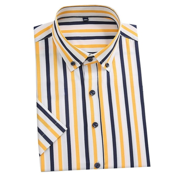 AHTJRT Men's Casual Short Sleeve Button Down Shirt Stylish Striped Design Comfortable Fit Wear Lightweight Breathable Classic Modern Blouse Yellow L