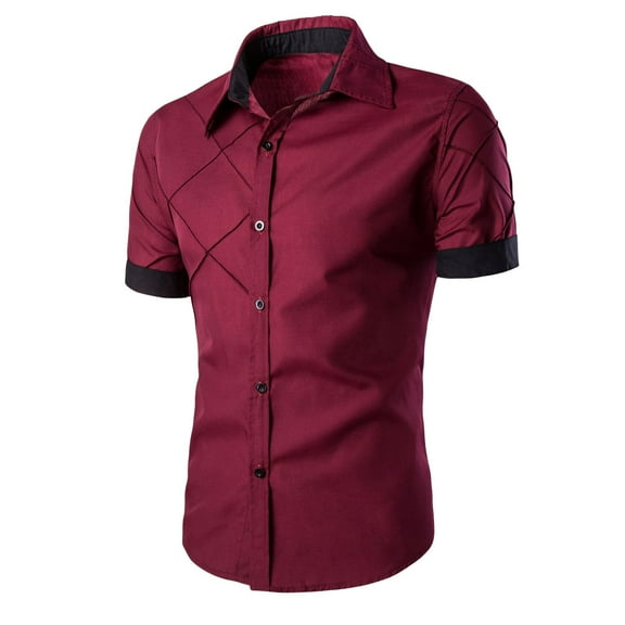 AHTJRT Men's Casual Short Sleeve Button Down Shirt Versatile Contrast Stitching Cuffs Lightweight Modern Fit Trendy Tees Red 2XL