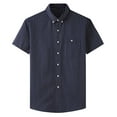 thumbnail image 1 of AHTJRT Men's Casual Short Sleeve Button Down Shirt Versatile Striped Design Chest Pocket Classic Fit Soft Feel Office Casual Outings Tees Navy 4XL, 1 of 9