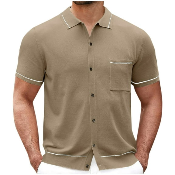AHTJRT Men's Casual Short Sleeve Button Up Shirt Versatile Chest Pocket Contrast Piping Lightweight Relaxed Fit Trendy Tees Khaki M