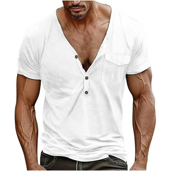 AHTJRT Men's Casual Short Sleeve Deep V-Neck Button Cut Out Solid Color Slim Fit T-Shirt with Pocket White M