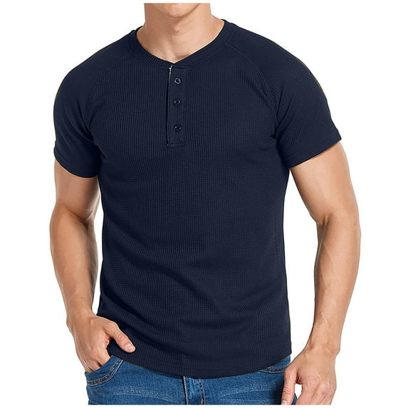 AHTJRT Men's Casual Short Sleeve Henley Shirt Classic Fit Buttoned Placket Soft Waffle Knit Tees Dark Blue XL