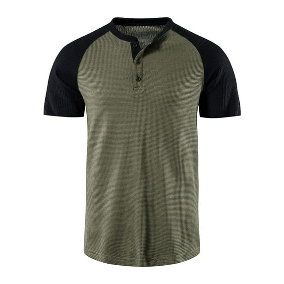 AHTJRT Men's Casual Short Sleeve Henley Shirt Contrast Raglan Sleeves Soft Two Button Placket Waffle Knit Relaxed or Sporty Blouse Army Green 2XL