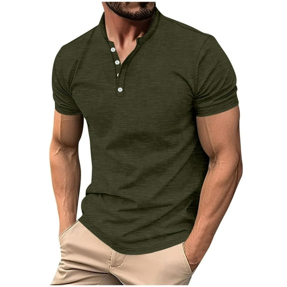 AHTJRT Men's Casual Short Sleeve Henley Shirt Stylish Comfortable Button Placket Soft Tees Army Green 3XL
