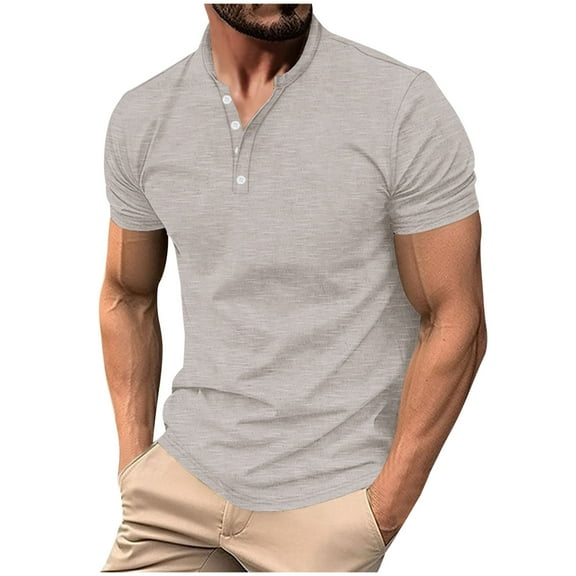 AHTJRT Men's Casual Short Sleeve Henley Shirt Stylish Comfortable Button Placket Soft Tees Gray XL