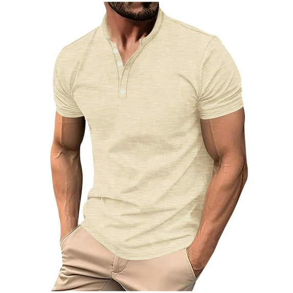 AHTJRT Men's Casual Short Sleeve Henley Shirt Stylish Comfortable Button Placket Soft Tees Khaki M