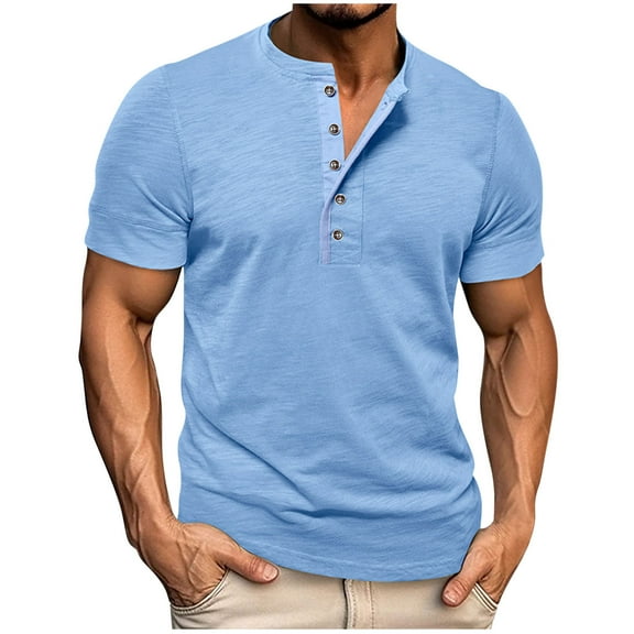 AHTJRT Men's Casual Short Sleeve Henley Shirt Stylish Comfortable Button Placket Soft Tees Sky Blue XL