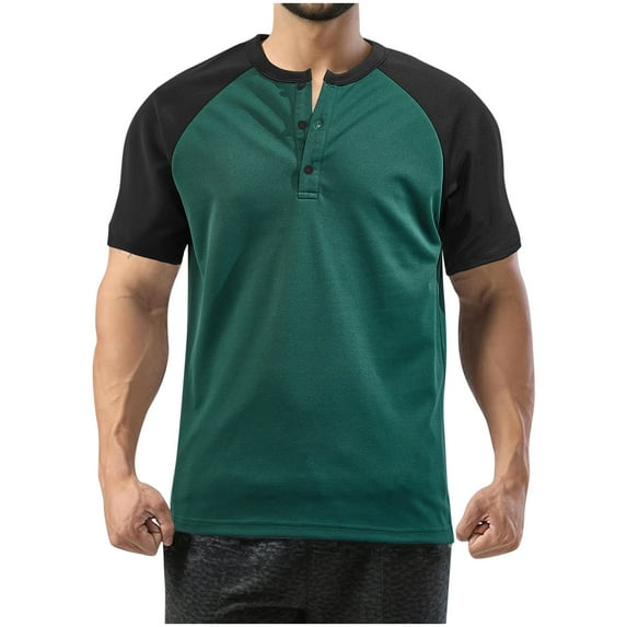 AHTJRT Men's Casual Short Sleeve Henley Shirt Stylish Comfortable Button Up Collar Contrast Raglan Sleeves Relaxed Fit Wear Going Out Tees Green L