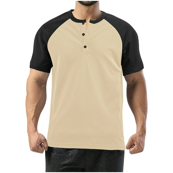 AHTJRT Men's Casual Short Sleeve Henley Shirt Stylish Comfortable Button Up Collar Contrast Raglan Sleeves Relaxed Fit Wear Going Out Tees Khaki 2XL
