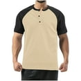 thumbnail image 1 of AHTJRT Men's Casual Short Sleeve Henley Shirt Stylish Comfortable Button Up Collar Contrast Raglan Sleeves Relaxed Fit Wear Going Out Tees Khaki M, 1 of 7