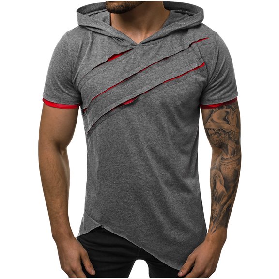 AHTJRT Men's Casual Short Sleeve Hooded T-Shirt Asymmetric Hem Diagonal Cut-Out Detailing Blouse Dark Gray 2XL