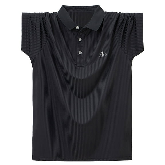 AHTJRT Men's Casual Short Sleeve Ribbed Cotton Polo Shirt Point Collar Button-Up Solid Color Blouse Black 2XL