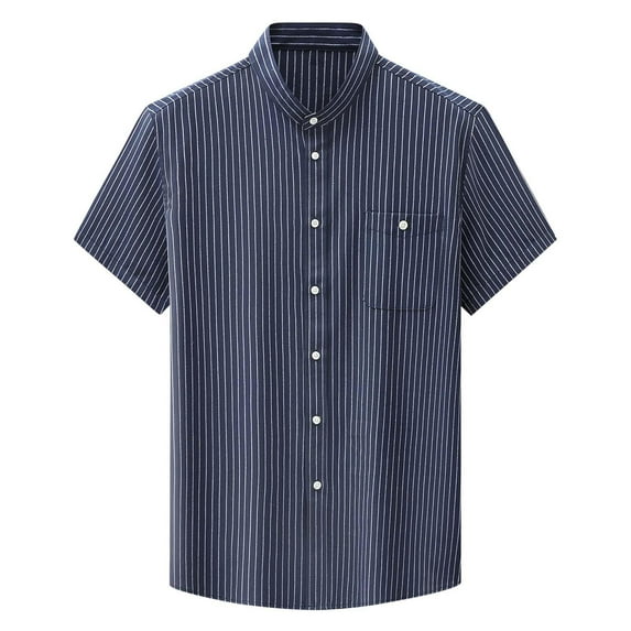 AHTJRT Men's Casual Short Sleeve Striped Button Down Shirt Versatile Chest Pocket Lightweight Classic Fit Relaxed Blouse Dark Blue 2XL