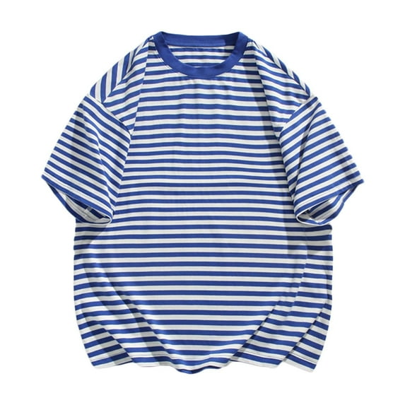 AHTJRT Men's Casual Short Sleeve Striped T Shirt Soft Relaxed Fit Trendy Stripe Pattern Versatile Any Occasion Blouse Blue 3XL