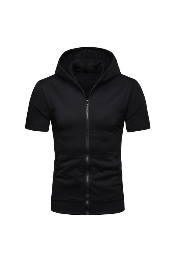 Men's Casual Short Sleeve Zip Up Hoodie Versatile Cozy Hood Front Pockets Modern Lightweight Feel Layering Blouse Black 2XL