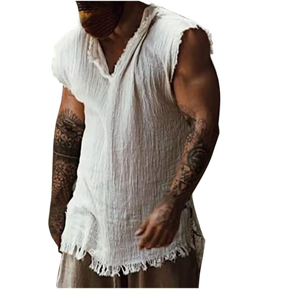 AHTJRT Men's Casual Sleeveless VNeck Tunic Top Stylish Comfy Lightweight Pullover Frayed Edges Relaxed Fit Layering Trendy Tee White 2XL
