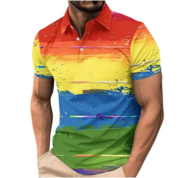 AHTJRT Men's Classic Fit Lapel Collar Shirt Gradient Short Sleeve Business and Casual Fashion Top Multicolor 3XL