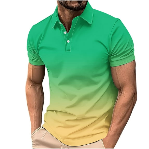 AHTJRT Men's Classic Fit Lapel Collar Shirt Gradient Short Sleeve Business and Casual Fashion Top Multicolor 4XL