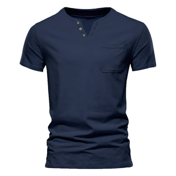 AHTJRT Men's Classic Fit Short Sleeve Cotton Henley Shirt with Button and Pocket Casual Lightweight Basic Tee Blue 2XL