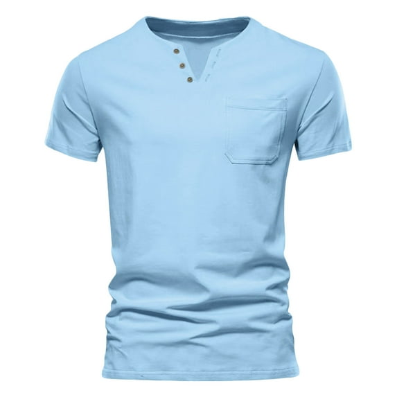 AHTJRT Men's Classic Fit Short Sleeve Cotton Henley Shirt with Button and Pocket Casual Lightweight Basic Tee Sky Blue L
