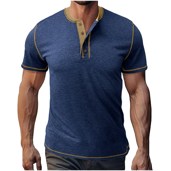 AHTJRT Men's Classic Short Sleeve Lightweight Button Cotton Henley Casual T-Shirt Top Dark Blue M