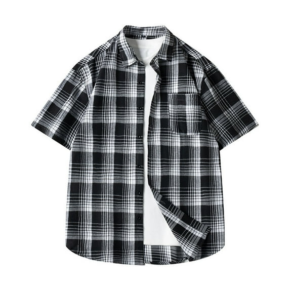 AHTJRT Men's Cotton Plaid Short Sleeve Casual Button Down Pocket Shirt Black 4XL