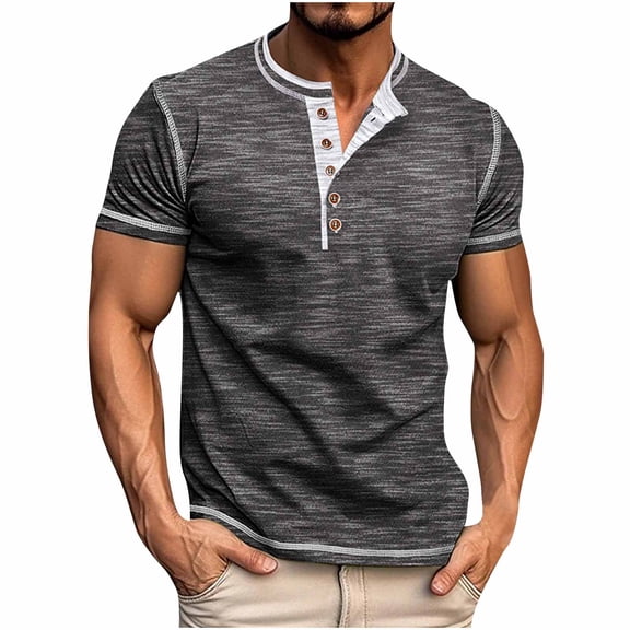 AHTJRT Men's Cotton Short Sleeve Henley Shirt Casual Plain Button Comfortable Summer Basic Tee Gray 3XL