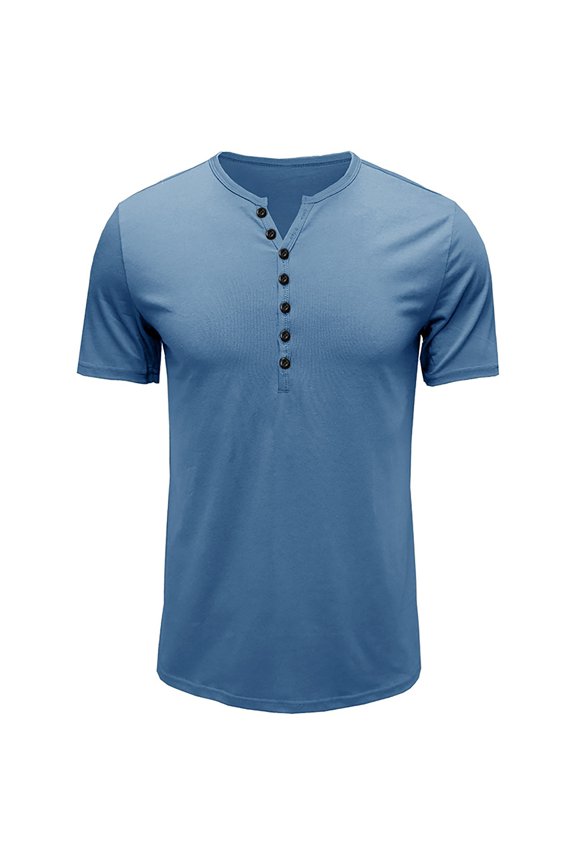 Men's Cotton Short Sleeve Henley Shirt V-Notch Neck Casual Muscle Fit with Half Button T-Shirt Blue S