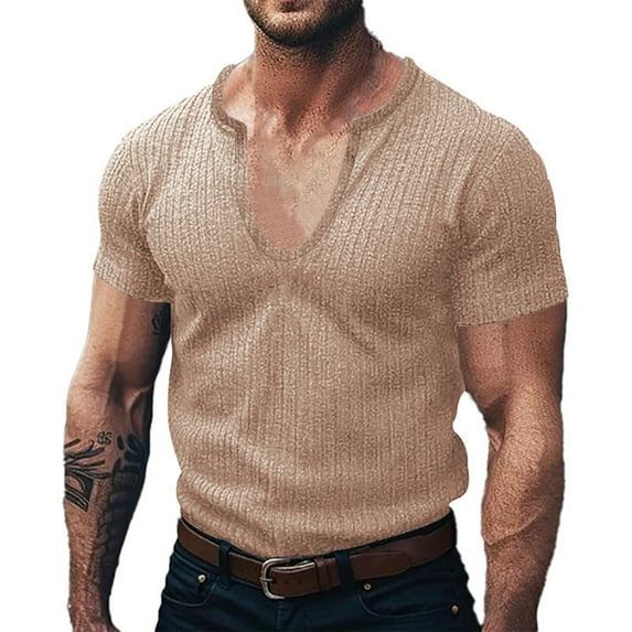 AHTJRT Men's Deep V-Neck Shirt Ribbed Short Sleeve Stretchy T-Shirt Low Cut Muscle Tee Khaki 3XL