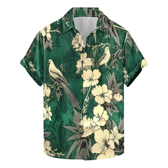 AHTJRT Men's Drop Shoulder Hawaiian Shirt Tropical Fern Layers Poolside Relaxation Multicolor L