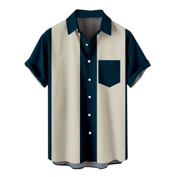 AHTJRT Men's Fifties-Inspired Short Sleeve Bowling Shirt for Casual Dress Navy 4XL