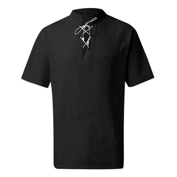 AHTJRT Men's Lightweight Linen Henley Tunic V-Neck Drawstring Top Cotton Boho Pirate Style Yoga Tee Black L