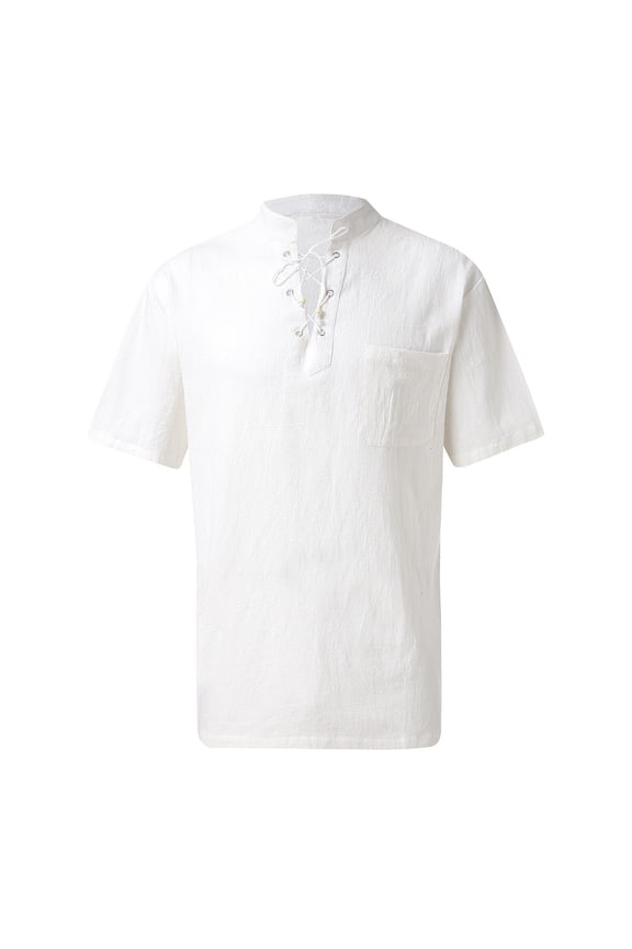 Men's Lightweight Linen Henley Tunic V-Neck Drawstring Top Cotton Boho Pirate Style Yoga Tee White XL