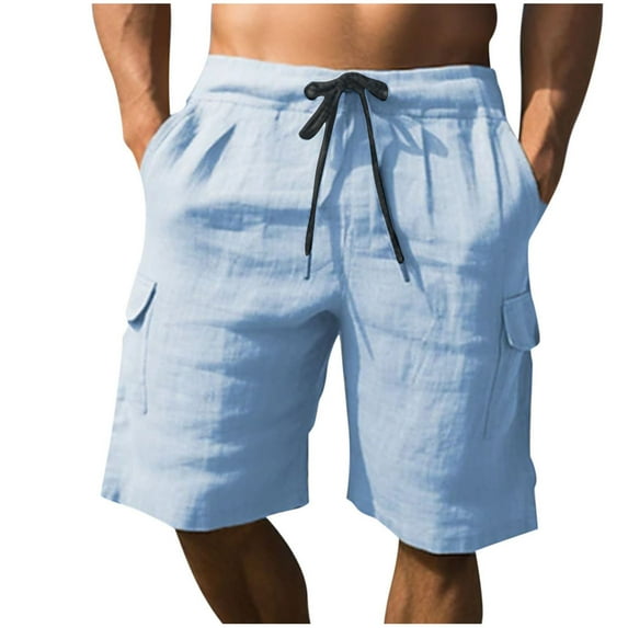 AHTJRT Men's Linen Cargo Shorts Lightweight Breathable Drawstring Waistband Straight Leg Summer Shorts Light Blue 3XL
