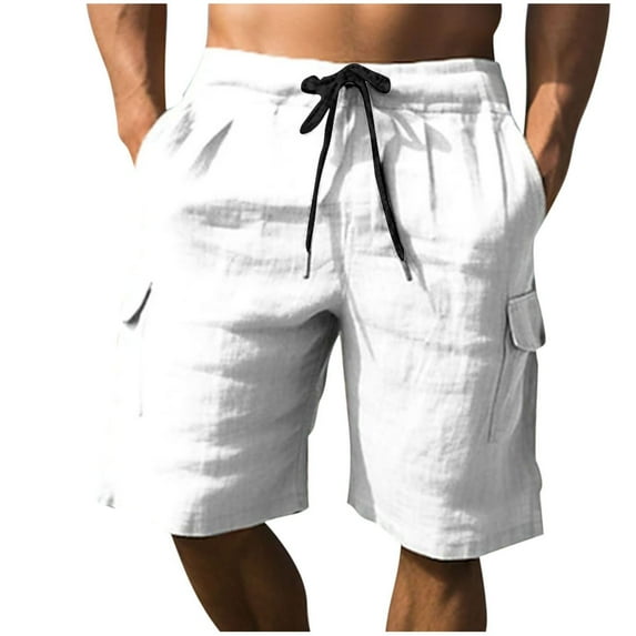 AHTJRT Men's Linen Cargo Shorts Lightweight Breathable Drawstring Waistband Straight Leg Summer Shorts White 2XL