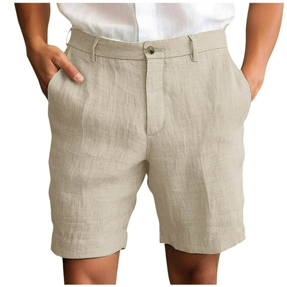 AHTJRT Men's Linen Casual Shorts Button Business Casual Suit Shorts with Pockets Khaki XL