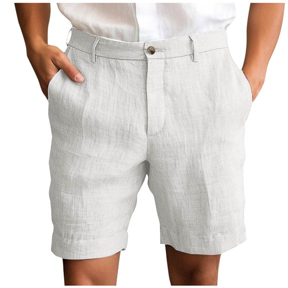AHTJRT Men's Linen Casual Shorts Button Business Casual Suit Shorts with Pockets White 2XL