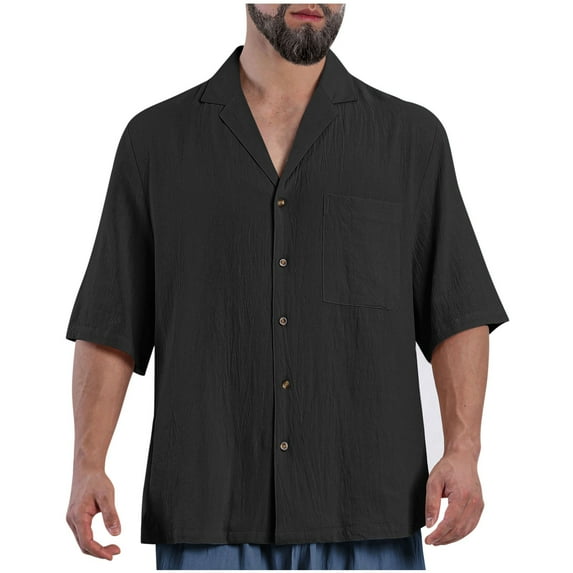 AHTJRT Men's Linen Short Sleeve Shirt Lightweight Relaxed Fit Button Down Chest Pocket Tees Black XL