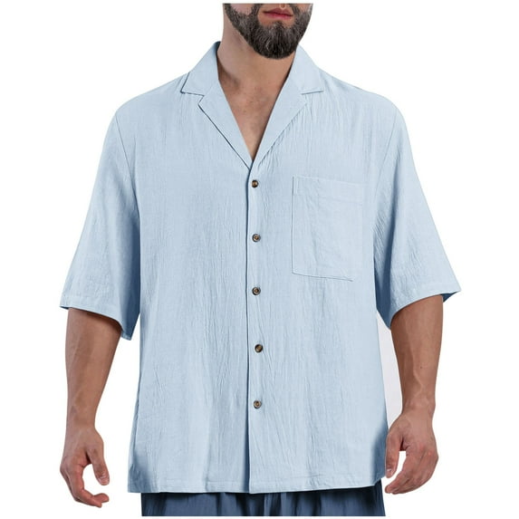 AHTJRT Men's Linen Short Sleeve Shirt Lightweight Relaxed Fit Button Down Chest Pocket Tees Sky Blue M